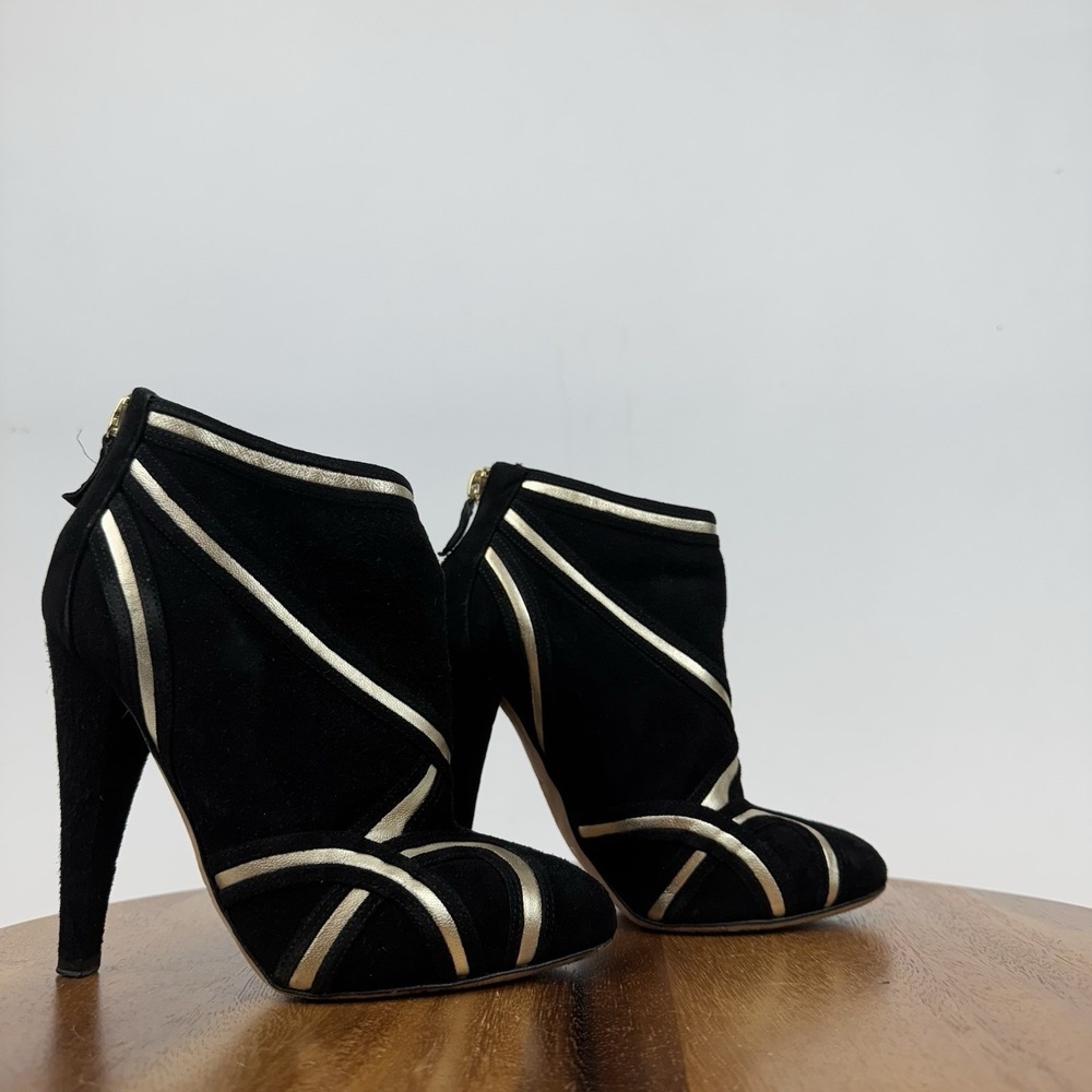 Womens Giambattista Valli Black Gold Suede Heeled Ankle Boots Booties Size EU 35